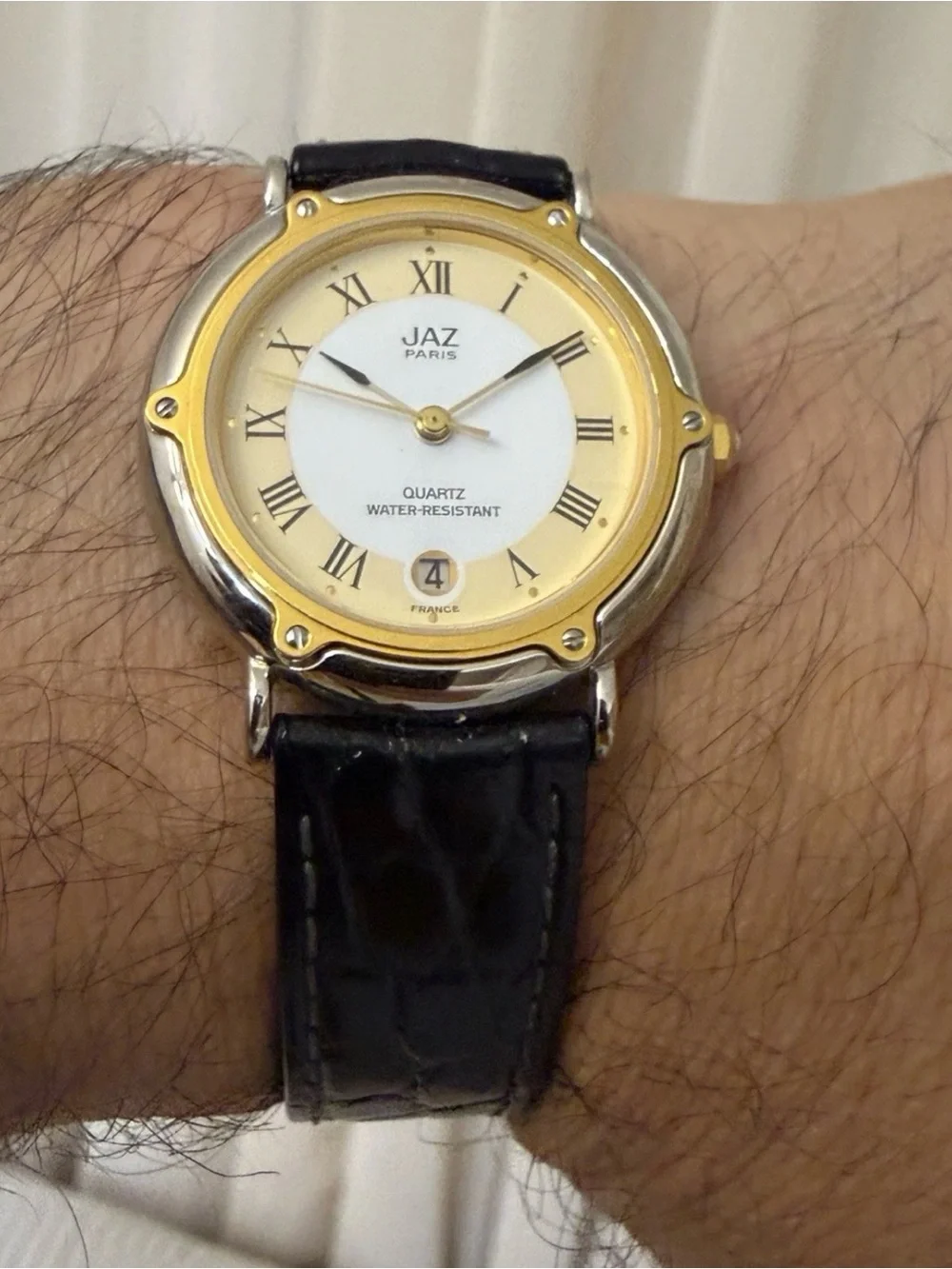 Vintage JAZ Paris Two-Tone Unisex Watch X5 XM8/6 Round Roman Numeral Date 31mm